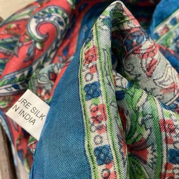 Vintage 100% Silk Scarf Shawl Head Wrap Blue approx. 70x18” - Picture 6 of 9